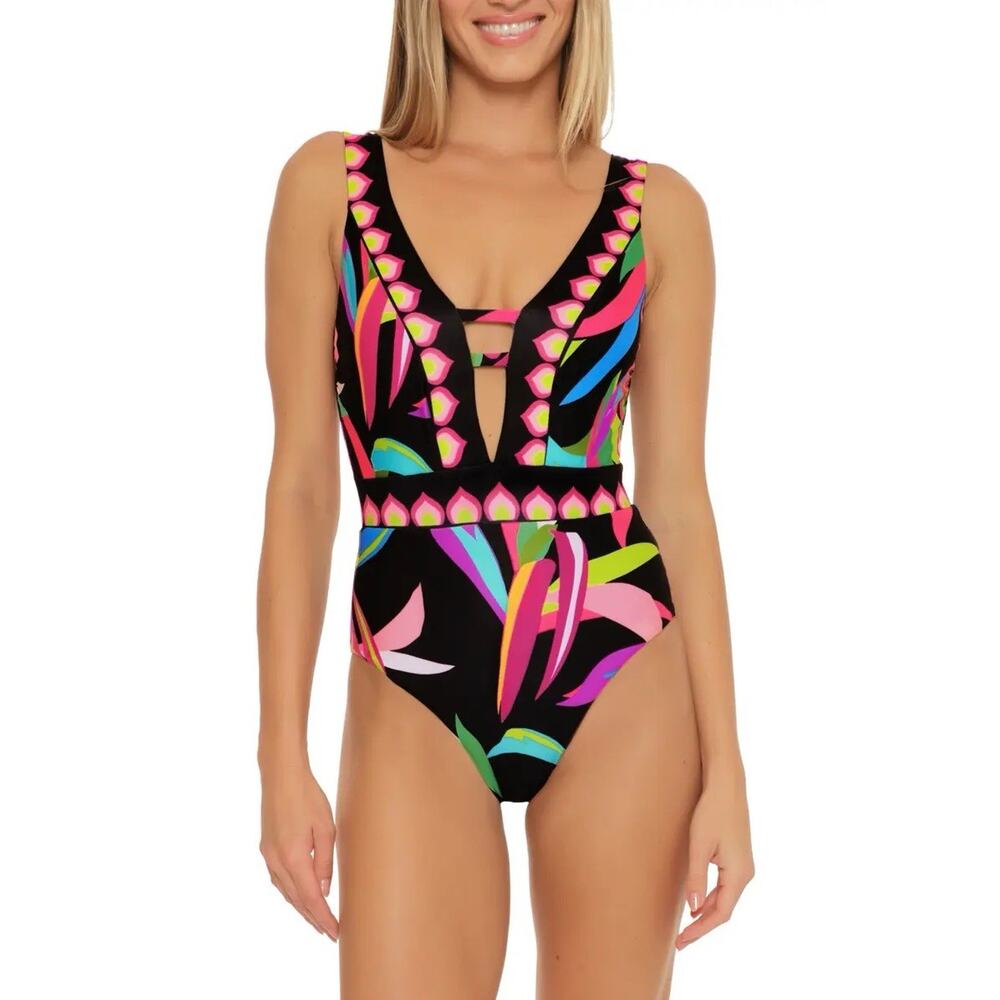 TRINA TURK Birds of Paradise Plunge Neck Floral Cut Out One-Piece Swimsuit Sz 6